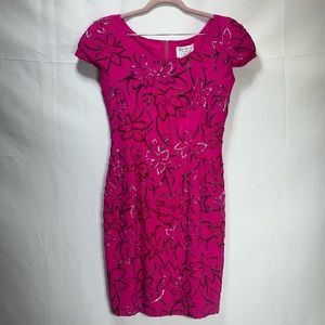 Carmen Marc Valvo Hand-Beaded Pink Floral Short Dress | Size 8